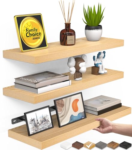 BAYKA Floating Shelves for Wall, Wall Mounted Rustic Wood Shelves for Bathroom, Bedroom, Living Room, Kitchen,Small Hanging Shelf for Books/Storage/Room Decor (Light Oak-Toned, Set of 3, 15.7in) - color: G. Oak-toned - Mid-century Revival Style, size: 15.