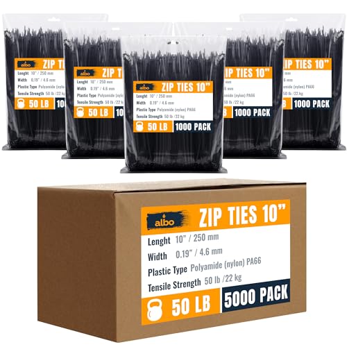 ALBO Zip Ties Black 10 Inch 5000 Pack 50 lb, Long Plastic Cable Ties Thick 0.19 Inch Tie Wraps Heavy Duty UV Resistant Nylon Wire Ties for Indoor and Outdoor - size: 10" Black 5000 Pack 50lb