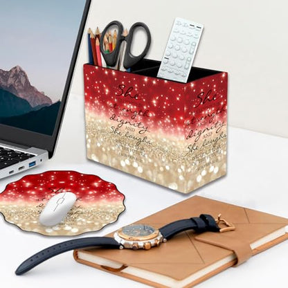 Pen Holder and Anti-Slip Mouse Pad Combination, Makeup Brush Storage Box, Tableware Storage Box, Suitable for Office and Home - Red Glitter Quote Proverbs 31-25 - color: Red Glitter Quote Proverbs 31-25