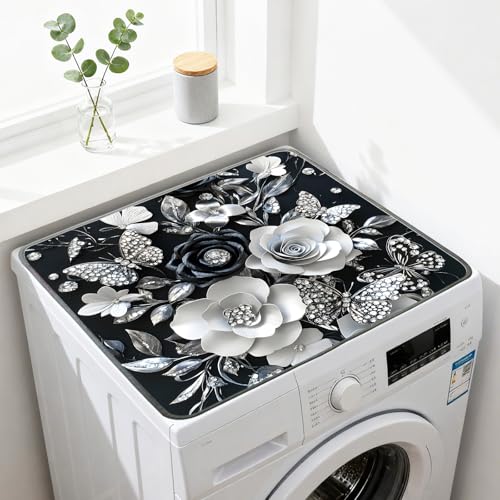 Nuxovilar Silver Floral Butterfly Dryer Cover for the Top, Non-slip Washer & Dryer Protector, 23.62"x19.68" Dust-proof Washing Machine Mat, Diatom Mud Polyester Dryer Top Pad for Laundry Room - color: YYE00851