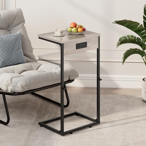 Vagusicc C Shaped End Table with Charging Station, Adjustable Height Side Table for Couch,Small Side Table Small Spaces,33.2'' Tall Couch Tables that Slide Under, Tv Tray Table for Living Room, Greige - color: Greige (1 Pack), style: With Plug