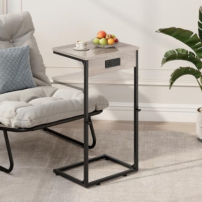 Vagusicc C Shaped End Tables Set of 2 with Charging Station, 33.2'' Tall C Table Adjustable Height Side Table, Small Side Table for Small Spaces, Couch Sofa Table TV Tray for Living Room, Greige - color: Greige (2 Pack), style: With Plug