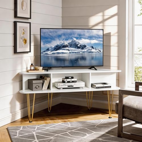 Corner TV Stand for 50 Inch TV, Entertainment Center with Storage Cabinet, Industrial Media Console Table with High Metal Feet and Anti-Slip Pads, TV Stand for Living Room, 50" TV Console, White - color: White