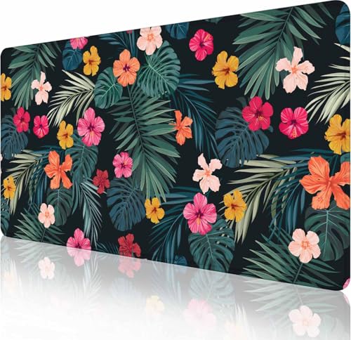 Gaming Mouse Pad, Large Mouse Pads for Desk, Non-Slip Rubber Base Mousepad, Keyboard Mouse Mat, Desk Pad with Stitched Edges, 31.5x15.7 inch Hibiscus Flowers and Palm Leaves - color: Hibiscus Flowers and Palm Leaves, size: 31.5L x 15.7W inches