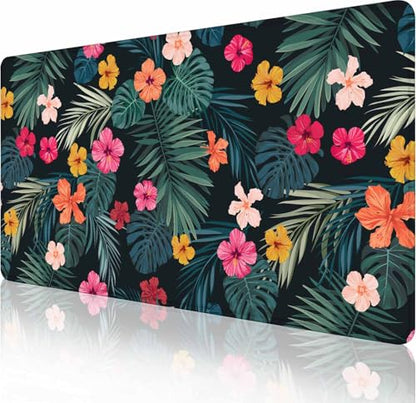 Gaming Mouse Pad, Large Mouse Pads for Desk, Non-Slip Rubber Base Mousepad, Keyboard Mouse Mat, Desk Pad with Stitched Edges, 31.5x15.7 inch Hibiscus Flowers and Palm Leaves - color: Hibiscus Flowers and Palm Leaves, size: 31.5L x 15.7W inches