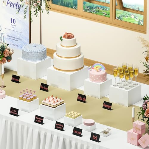 Yimy 6 PCS Buffet Risers, White Acrylic Food Risers for Buffet Table, Cube Boxes with Hollow Bottoms, Catering Display Stand Shelf for Dessert Party Jewelry & Collectibles(5"x6"x6.8"x7 x7.5 x8'')