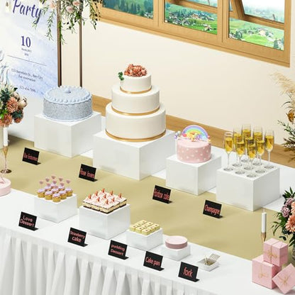 Yimy 6 PCS Buffet Risers, White Acrylic Food Risers for Buffet Table, Cube Boxes with Hollow Bottoms, Catering Display Stand Shelf for Dessert Party Jewelry & Collectibles(5"x6"x6.8"x7 x7.5 x8'')
