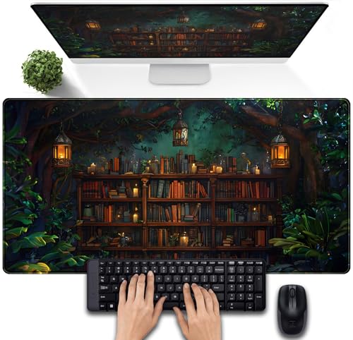 Large Desk Pad Anime Mouse Mat, Extended Gaming Mouse Pad Forest Library Keyboard Pad, Computer Desktop Pad Full Desk Mat XXL, Magical Cottagecore Decor for Office Laptop 31.5x15.7 Inch - color: Green Plant Library
