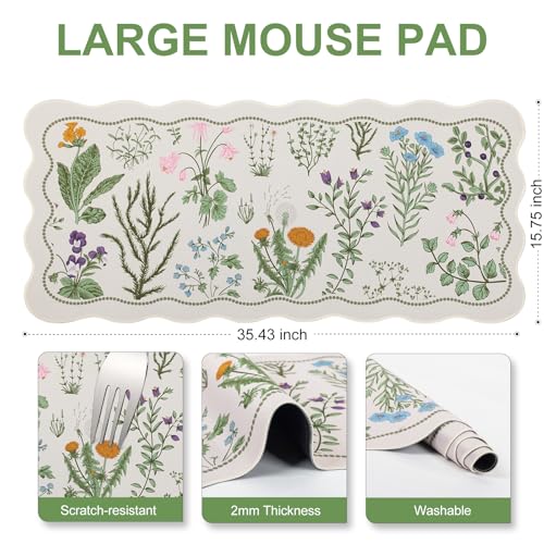 L-SPOUTTO Floral Mouse Pad,Botanical Desk Mat XXL Large Scalloped Gaming Mousepad,35.4x15.7in Non-Slip Keyboard Pad Waterproof Desktop Mat for Laptop Computer Work Game Home Office-Flowers Plants - color: Botanical Flowers Beige