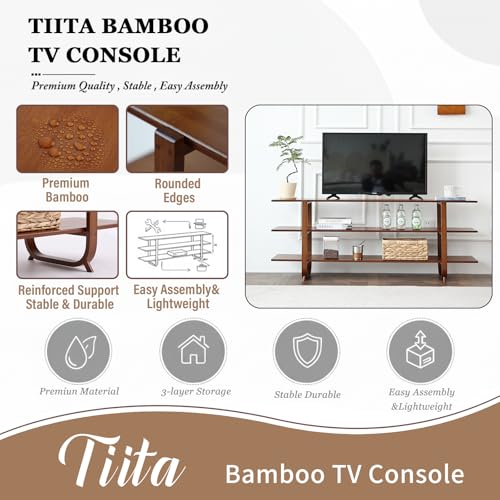 Tiita Wooden TV Stand for 65 Inch TV, Modern Media Console Table with 3-Tier Storage Shelves, Long Entertainment Center for Living Room, Walnut TV Stand with Open Display Rack - color: Walnut With 3 Layers