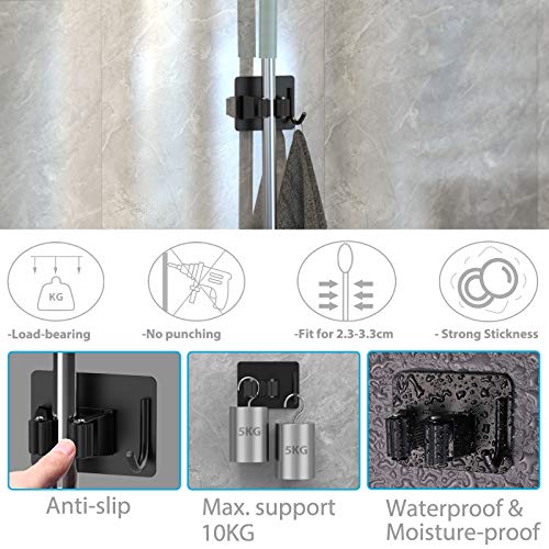 homeasy Mop Broom Holder No Drill, Mop Broom Organizer Wall Mounted Heavy Duty with Hooks Hanger, Self Adhesive Stainless Steel 6Pcs for Bathroom, Kitchen, Office (Black) - color: Black