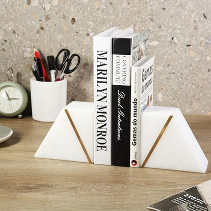 Natural Marble Bookends for Shelves, Decorative Book Ends for Heavy Books, Heavy Duty Mid Century Modern White and Gold Stone Book Holders with Brass Inlay, Unique Bookshelf Stopper Decor, Set of 2 - style: Art Deco
