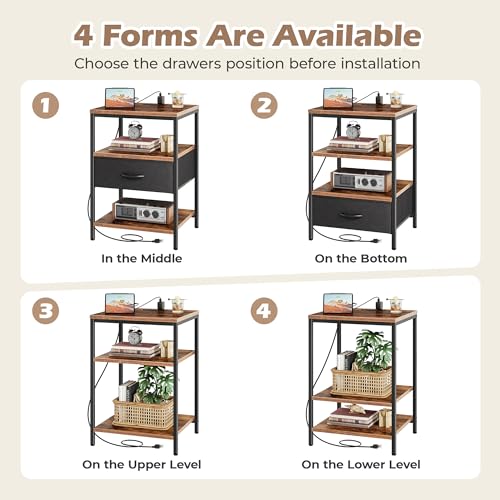 SUPERJARE Night Stand with Charger Station, 27.7 Inch Tall Nightstand with Adjustable Fabric Drawer, Bed Side Table, Fabric Drawer Dresser for Bedroom, Living Room, Rustic Brown and Black - color: Rustic Brown and Black, size: L (15.7"D x 17.7"W x 27.7"H)