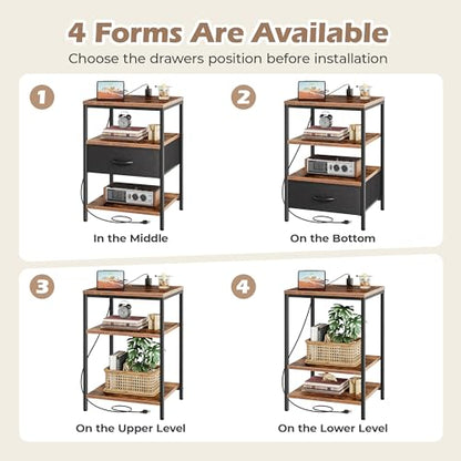 SUPERJARE Night Stand with Charger Station, 27.7 Inch Tall Nightstand with Adjustable Fabric Drawer, Bed Side Table, Fabric Drawer Dresser for Bedroom, Living Room, Rustic Brown and Black - color: Rustic Brown and Black, size: L (15.7"D x 17.7"W x 27.7"H)