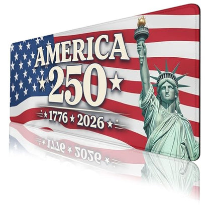 America 250 Mouse Pad Statue of Liberty America Flag Mousepad Extended Large Laptop Keyboard Non-Slip Rubber Base with Stitched Edges for Home Office Computer Keyboard Laptop 31.5x11.8 Inch - color: America 250 America Flag, size: 31.5" x 11.8"