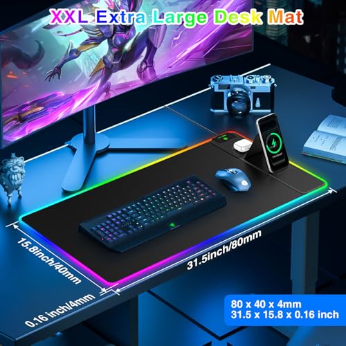 XXL RGB LED Gaming Mouse Pad with Magnetic Wireless Charging & Foldable Phone Holder, 31.5"x15.8" Extended Ultra-Smooth Desk Pad, 25 Lighting Effects, Non-Slip Base - color: RGB-31.5"x15.8"-Magnetic Stand-Right