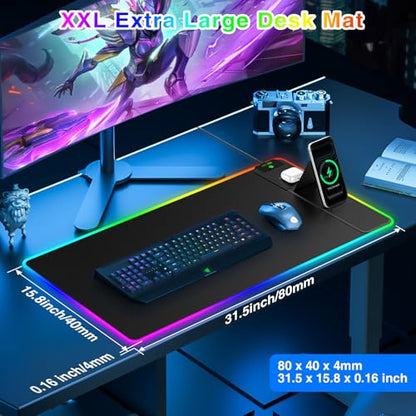 XXL RGB LED Gaming Mouse Pad with Magnetic Wireless Charging & Foldable Phone Holder, 31.5"x15.8" Extended Ultra-Smooth Desk Pad, 25 Lighting Effects, Non-Slip Base - color: RGB-31.5"x15.8"-Magnetic Stand-Right