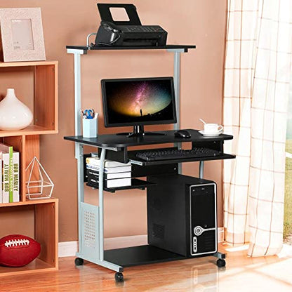 Yaheetech 2 Tier Mobile Computer Desk with Printer Shelf & Keyboard Tray Rolling Computer Table for Small Spaces, Compact Study Workstation with Wheels, Space Saving, Black - color: Black