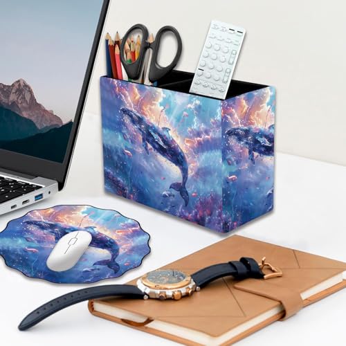 Pen Holder and Anti-Slip Mouse Pad Combination, Makeup Brush Storage Box, Tableware Storage Box, Suitable for Office and Home - Sky Blue Whale - color: Sky Blue Whale