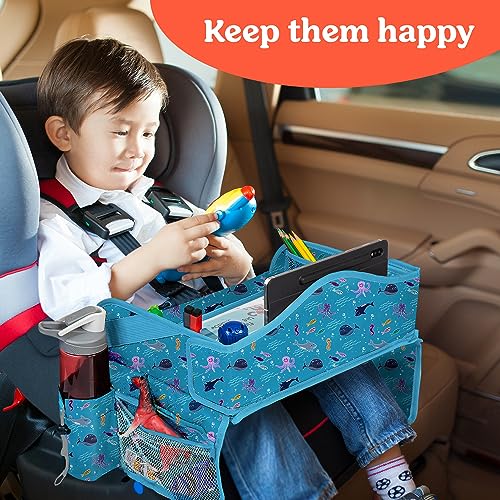 PILLANI Kids Travel Tray for Car - Road Trip Activities for Kids - Car Seat Tray for Kids Travel w/ Activity Sheets, Pens & Dry Erase Board - Toddler Road Trip Essentials & Car Accessories for Kids - color: Ocean