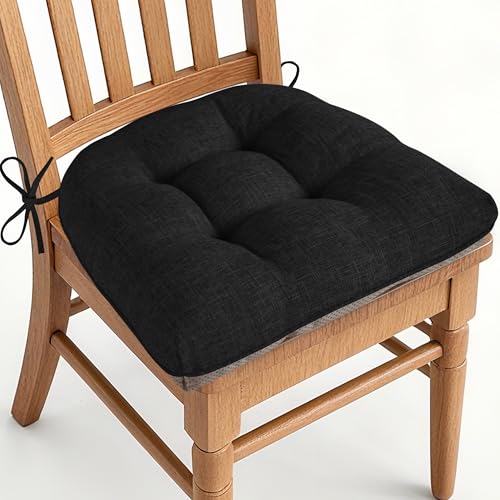 AddGrace Chair Cushions for Dining Chairs Set of 1 Kitchen Seat Cushions with Ties and Non Slip Backing Tufted Indoor Seat Pad for Kitchen Dining Room 18" x 17" x 3" Black - color: Black