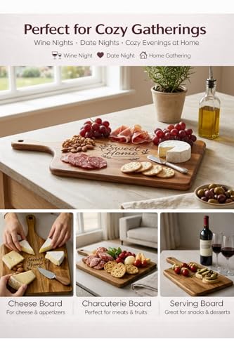 100% Acacia Wood Charcuterie Board Gift Set with Handle & 4 Cheese Knives | Natural Wood Grain | Smooth Polished Finish | Charcuterie & Cheese Board |Hosting & Everyday Serving |Premium Gift Box - size: 15.7
