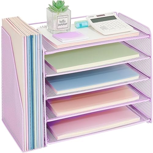 OPNICE Desk Organizer, 5-Tier Paper Organizer Letter Tray with Magazine Holder, Office Desk Accessories & Workspace Organizers, Desktop File Organizer for Office Supplies Storage, Purple - color: Purple, size: 15.5" x 9" x 10.3"