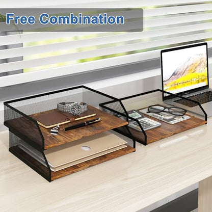 Natwind 3-Tier Stackable Metal Mesh Paper Organizer with Sliding Tray,Retro | Wooden Desk Organizer, Letter Tray For Desktop,File Holder For Home Office School Classroom Organization - size: 3 Tier