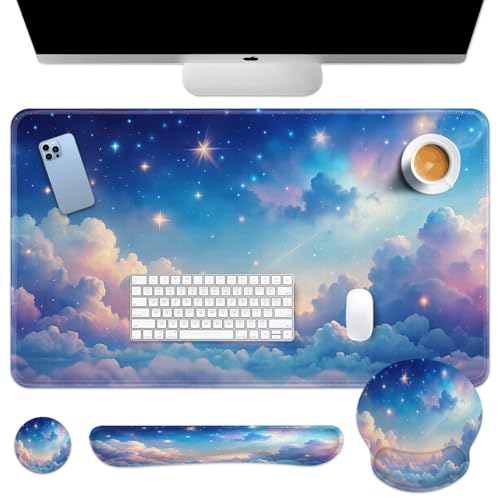 Arttown Starry Sky Desk Mat Cloud Colorful Mouse Pad Set 4 in 1 Beauty Night Sky Ergonomic Design Large Desk Pad + Keyboard Wrist Rest + Mouse Wrist Rest + Coaster Suitable for Home Office Study Game - color: Starry Sky