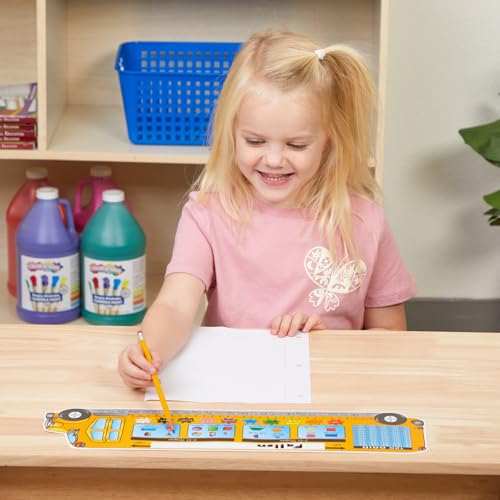 Really Good Stuff 24PK Zaner-Bloser Bus Shaped Self-Adhesive Vinyl Desktop Reference Nameplate with Alphabet, Numbers, 2-D 3-D Shapes, Colors, Left Right Directions, Number Line, 120-Grid - color: School Bus