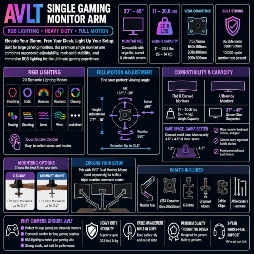AVLT Single 27”-45” RGB Gaming Monitor Arm Desk Mount Built-in 20 Lighting Modes Touch Button Control Fits Flat/Curved/Ultrawide Screen Height Swivel Tilt Rotation Adjustable Stand -Black - color: Black - Single