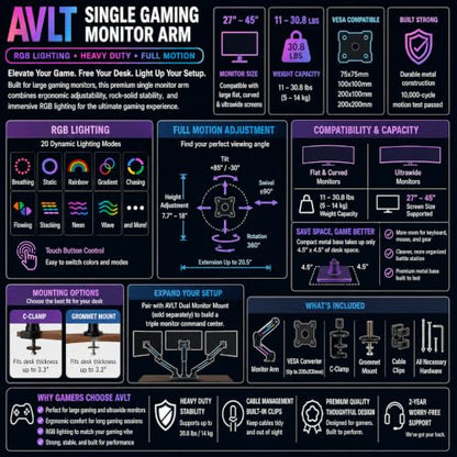AVLT Single 27”-45” RGB Gaming Monitor Arm Desk Mount Built-in 20 Lighting Modes Touch Button Control Fits Flat/Curved/Ultrawide Screen Height Swivel Tilt Rotation Adjustable Stand -Black - color: Black - Single