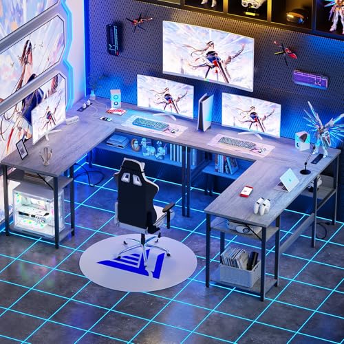 Unikito L Shaped Computer Desk with Magic Power Outlets and USB Charging Ports, Sturdy Reversible Corner Desk with Storage Shelves, Modern Work Desk for Home Office, Easy to Assemble, White Oak - color: White Oak