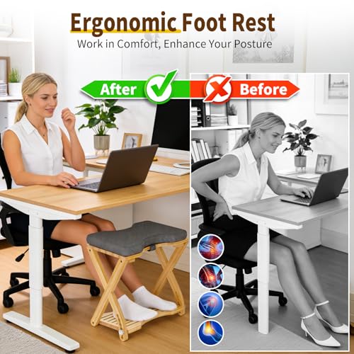 Double Step Foot Rest Under Desk at Work, Bamboo Foot Stool with 6 Adjustable Heights, Ergonomic Under Desk Footrest with Cushion for Home, Office & Gaming (Natural Color)