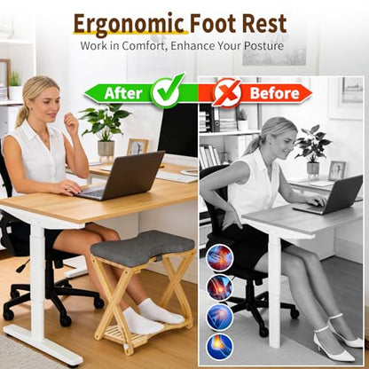 Double Step Foot Rest Under Desk at Work, Bamboo Foot Stool with 6 Adjustable Heights, Ergonomic Under Desk Footrest with Cushion for Home, Office & Gaming (Natural Color)