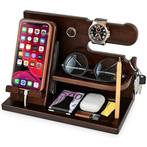 TESLYAR Wood Phone Docking Station for Men - Desk or Nightstand Organizer - Birthday Gifts for Husband, Dad - Anniversary Idea from Wife - Key Holder, Stand Wallet, Watch, Essentials (Chocolate Brown) - color: Chocolate Brown