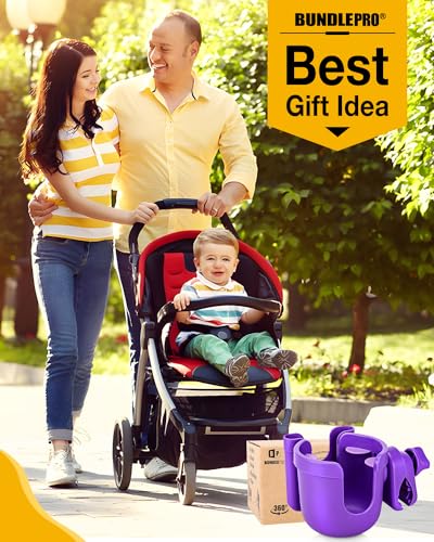 Universal Stroller Cup Holder with Mobile Phone Case, 2-in-1 Strollers Storage Rack, 360 Degrees Rotation Drink Holder for Bike, Pushchair, Wheelchair, Walker,Bicycle, Fits Most Cups (Purple) - color: PURPLE