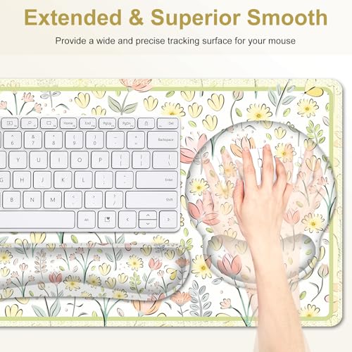 Desk Mat, 4in1 Large Mouse Pad with Wrist Rest, Cute Desk Mat, Anti-Slip XXL Computer Ergonomic Mousepad with Wrist Support for Keyboard and Mouse, Nice Yellow Flowers - color: Nice Yellow Flowers