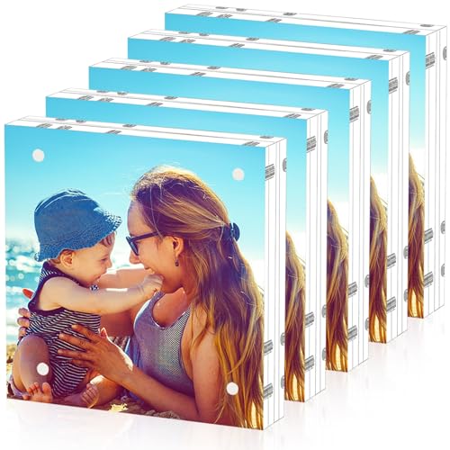 HELPLEX Acrylic Frame, 5 Pack 5x5 Acrylic Picture Frames, 20mm Thicker Frameless Clear Double Sided Magnetic Frame, Free Standing Desktop Display - size: 5x5(5 PACK)