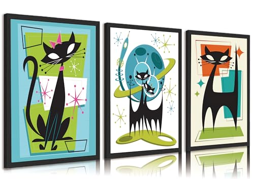 3pcs Futuristic Atomic Cats Canvas Wall Art Whimsical Funny Abstract Cat Posters Prints Modern Medieval Geometry Wall Decor Pictures for Living Room Bedroom Home Decoration Unframed - color: Quantum Cat-1, size: 16L" x 12W"-Posters