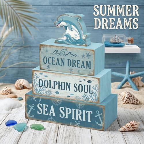 4 Pcs Dolphin Ocean Bathroom Table Decor Summer Dolphin Tiered Tray Decor Blue Nautical Wooden Signs Tabletop Summer Beach Bedroom Home Kitchen Office Decorations Shelf Sitter - style: Dolphin