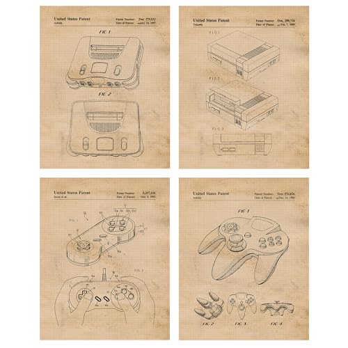 Classic Video Game Console Controller Patent Prints, 4 (8x10) Unframed Photos, Wall Art Decor for Home Work Office Gaming Tech Lounge Robotics Gears Online Battle Royales Shop School Student Teacher - color: Beige