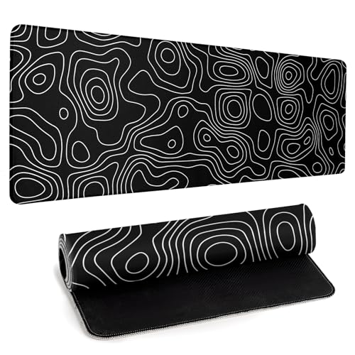 Black Topography Contour Gaming Mouse Pad Large Anime Topographic Map Mousepad Extended Mouse Pad Gaming Big Desk Pad Keyboard Pad with Stitched Edge Non-Slip Rubber Base - color: Black Topographic Map 01