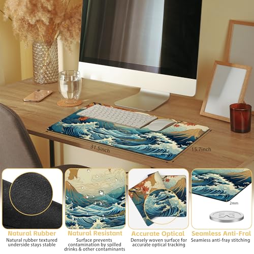 Japanese Waves Desk Mat Large Mouse Pad Gaming Mousepad 31.5 x 15.8 in | Desk Pad for Keyboard and Mouse, Large Non-Slip Rubber Base Mousepad Desk Mat with Stitched Edges for Gaming Office - color: Japanese Waves