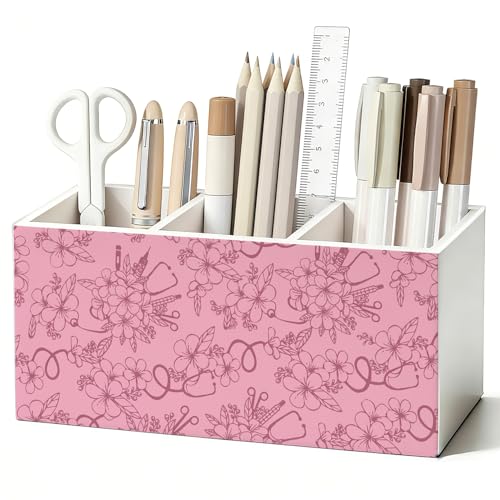 Pink Floral Nurse Pen Pencil Holder for Desk, Nurse Appreciation Gifts, Nursing Week Gifts for Women, Nursing Wooden Box Sign Decorations for Home Office Workplace Desk Tabletop - color: Pink Floral Nurse(white)