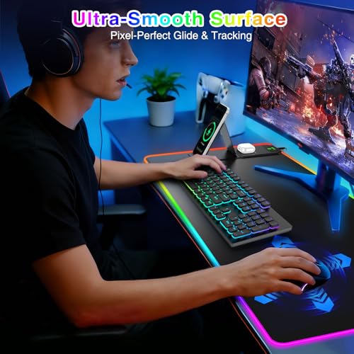 XXL RGB LED Gaming Mouse Pad with Magnetic Wireless Charger & Foldable Phone Holder, 31.5"x15.8" Extended Ultra-Smooth Desk Mat, 25 Lighting Effects, Non-Slip Base - color: RGB-31.5"x15.8"-Magnetic Stand-Left