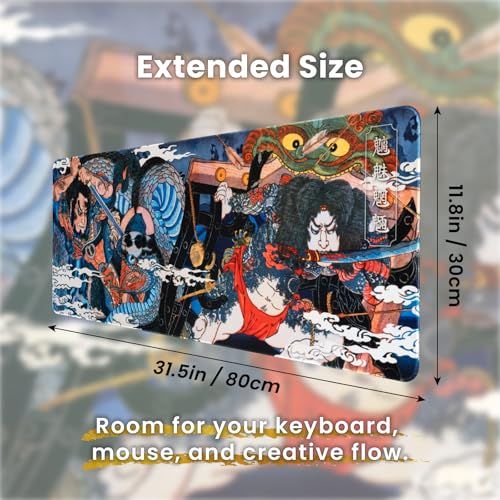BELLEMOND Japanese Art Desk Mat | Large 31.5x11.8in Anime Mouse Pad for Keyboard & Mouse | Non-Slip Base, Water-Repellent | Original Japanese Design | Dragon Duel - color: Dragon Duel
