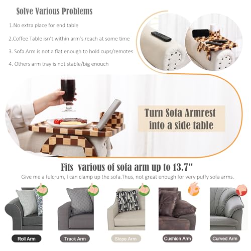 Nnewvante Couch Armrest Tray,3 in 1 Large 15.36"x9.85" Rubberwood Sofa Arm Cup Holder Clip on Side Table with 360°Rotated Phone/Drink Holder - color: Checkered