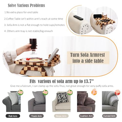 Nnewvante Couch Armrest Tray,3 in 1 Large 15.36"x9.85" Rubberwood Sofa Arm Cup Holder Clip on Side Table with 360°Rotated Phone/Drink Holder - color: Checkered
