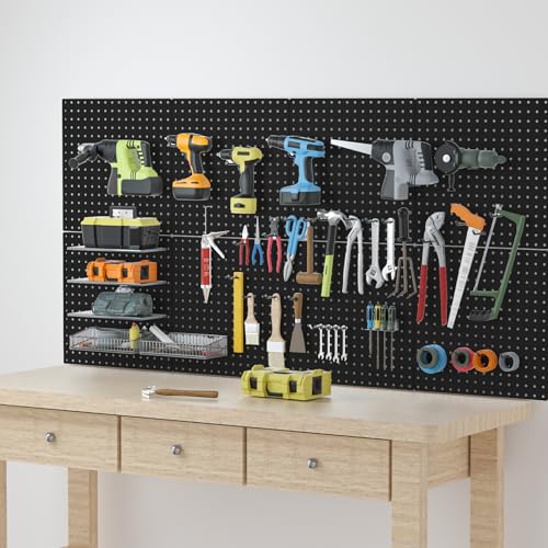 Pegboard, 4 PCS 16”×16” Large Heavy Duty Metal Pegboard Panels with Frame Black Peg Board Display Peg Boards for Walls, Display, Garage Tool Storage, Office Organization, Craft Room, Kitchen - color: Black, size: 16"×16"-4PCS